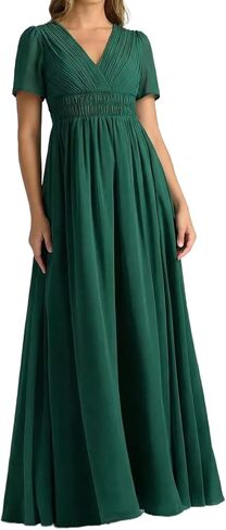 Women's V Neck Short Sleeve Pleated Maxi Dress Empire Waist Flowy Long Formal Gown for Wedding Guest Evening Party in Kuwait