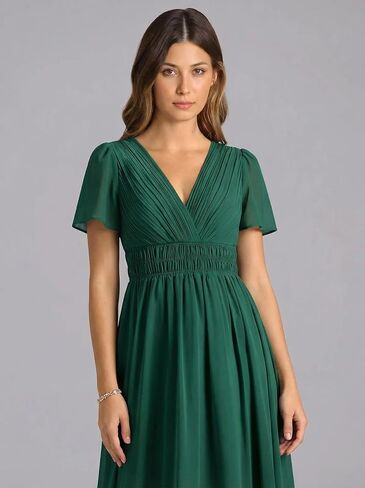 Women's V Neck Short Sleeve Pleated Maxi Dress Empire Waist Flowy Long Formal Gown for Wedding Guest Evening Party in Kuwait