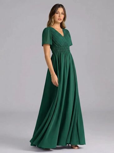 Women's V Neck Short Sleeve Pleated Maxi Dress Empire Waist Flowy Long Formal Gown for Wedding Guest Evening Party in Kuwait