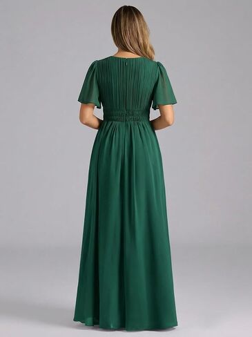 Women's V Neck Short Sleeve Pleated Maxi Dress Empire Waist Flowy Long Formal Gown for Wedding Guest Evening Party in Kuwait