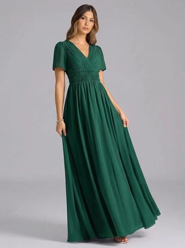 Women's V Neck Short Sleeve Pleated Maxi Dress Empire Waist Flowy Long Formal Gown for Wedding Guest Evening Party in Kuwait