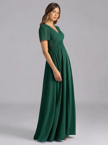 Women's V Neck Short Sleeve Pleated Maxi Dress Empire Waist Flowy Long Formal Gown for Wedding Guest Evening Party in Kuwait