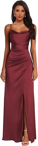Satin Bridesmaid Dresses for Women Spaghetti Straps Prom Dress with Slit Cowl Neck Long Formal Evening Gown ZE04 in Kuwait