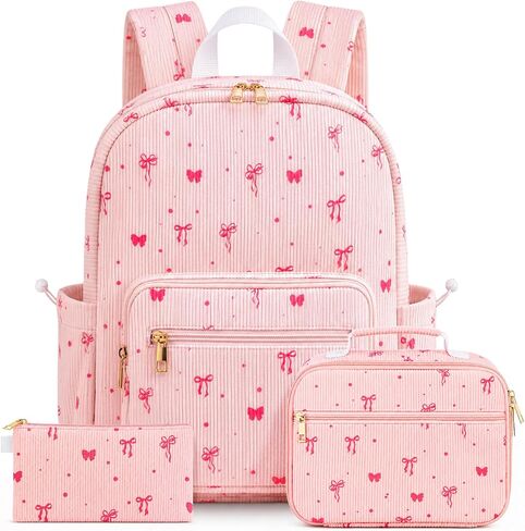 Corduroy Girls Backpack Set，Cute School Backpack for Teens Girls Kids Bookbags for Elementary High School Women Laptop Bags Daypacks Set With Lunch Bag and Pencil Case (Pink Bow, 3 Set) in Kuwait