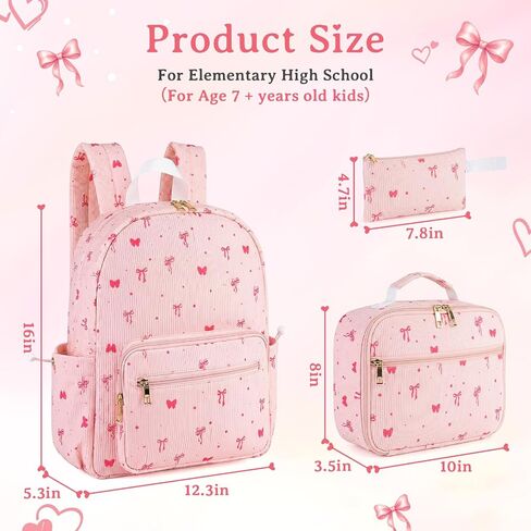 Corduroy Girls Backpack Set，Cute School Backpack for Teens Girls Kids Bookbags for Elementary High School Women Laptop Bags Daypacks Set With Lunch Bag and Pencil Case (Pink Bow, 3 Set) in Kuwait