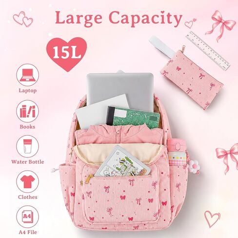 Corduroy Girls Backpack Set，Cute School Backpack for Teens Girls Kids Bookbags for Elementary High School Women Laptop Bags Daypacks Set With Lunch Bag and Pencil Case (Pink Bow, 3 Set) in Kuwait