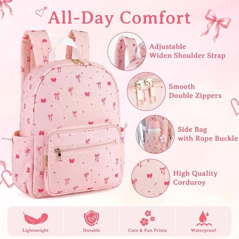 Corduroy Girls Backpack Set，Cute School Backpack for Teens Girls Kids Bookbags for Elementary High School Women Laptop Bags Daypacks Set With Lunch Bag and Pencil Case (Pink Bow, 3 Set) in Kuwait