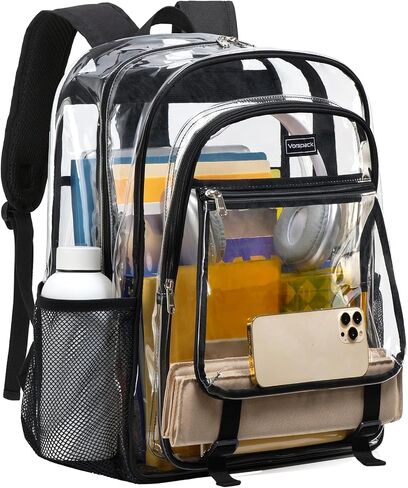 Vorspack Heavy Duty Clear Backpack - Large Clear Bookbag for Girls, Boys, Transparent See Through Backpack for School, College, Work, Festival - Black in Saudi Arabia