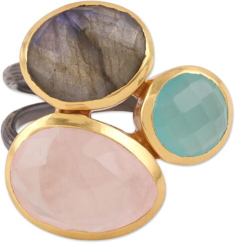 NOVICA Artisan Handmade Multistone Cocktail Ring 18k Goldplated .925 Sterling Silver Chalcedony Labradorite Quartz India Gemstone Birthstone 'Sparkling Blossoms in Gold' in Kuwait