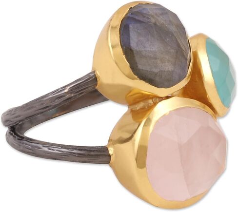 NOVICA Artisan Handmade Multistone Cocktail Ring 18k Goldplated .925 Sterling Silver Chalcedony Labradorite Quartz India Gemstone Birthstone 'Sparkling Blossoms in Gold' in Kuwait