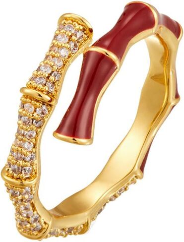 Gold Tone Red Enamel Bamboo Ring for Women, Dual Layer Cubic Zirconia Statement Ring, Adjustable Open Band Daily Wear Jewelry in Saudi Arabia