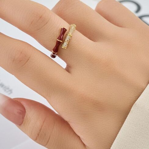 Gold Tone Red Enamel Bamboo Ring for Women, Dual Layer Cubic Zirconia Statement Ring, Adjustable Open Band Daily Wear Jewelry in Saudi Arabia