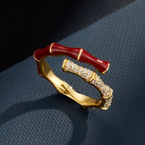 Gold Tone Red Enamel Bamboo Ring for Women, Dual Layer Cubic Zirconia Statement Ring, Adjustable Open Band Daily Wear Jewelry in Saudi Arabia