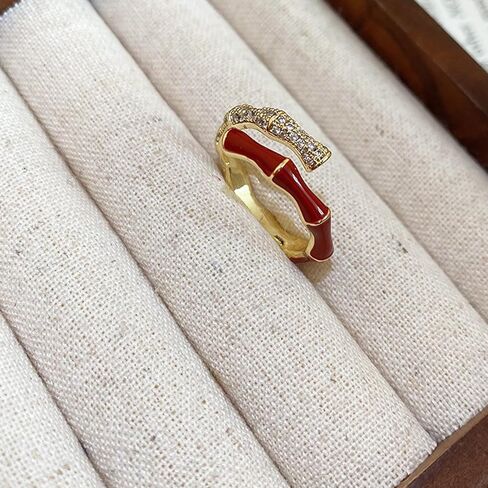 Gold Tone Red Enamel Bamboo Ring for Women, Dual Layer Cubic Zirconia Statement Ring, Adjustable Open Band Daily Wear Jewelry in Saudi Arabia