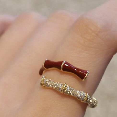 Gold Tone Red Enamel Bamboo Ring for Women, Dual Layer Cubic Zirconia Statement Ring, Adjustable Open Band Daily Wear Jewelry in Saudi Arabia