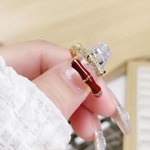 Gold Tone Red Enamel Bamboo Ring for Women, Dual Layer Cubic Zirconia Statement Ring, Adjustable Open Band Daily Wear Jewelry in Saudi Arabia