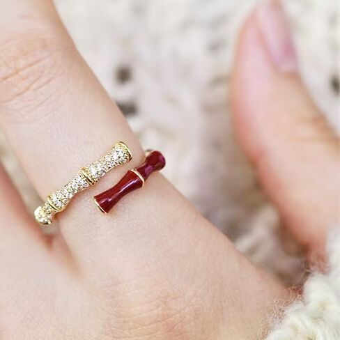Gold Tone Red Enamel Bamboo Ring for Women, Dual Layer Cubic Zirconia Statement Ring, Adjustable Open Band Daily Wear Jewelry in Saudi Arabia