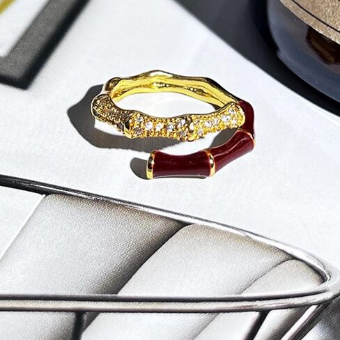 Gold Tone Red Enamel Bamboo Ring for Women, Dual Layer Cubic Zirconia Statement Ring, Adjustable Open Band Daily Wear Jewelry in Saudi Arabia
