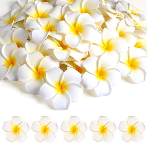 Augshy 48Pcs Artificial Plumeria Flowers, White Foam Frangipani Flowers Head Fake Hawaiian Floral for Hair Wreath Hat DIY Crafts Spring Summer Beach Wedding Party Decorations (5cm) in Kuwait