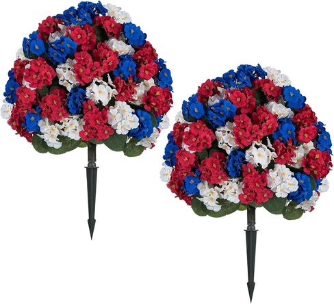 BLOSMON 4th of July Topiary Balls: Outdoor Set of 2 Red White Blue 29" H X 19.7" W Artificial Geraniums for 250 Anniversary Porch Decoration - Patriotic Fake Flowers Bush for Patio Planter in Saudi Arabia