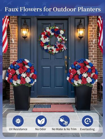 BLOSMON 4th of July Topiary Balls: Outdoor Set of 2 Red White Blue 29" H X 19.7" W Artificial Geraniums for 250 Anniversary Porch Decoration - Patriotic Fake Flowers Bush for Patio Planter in Saudi Arabia
