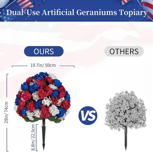 BLOSMON 4th of July Topiary Balls: Outdoor Set of 2 Red White Blue 29" H X 19.7" W Artificial Geraniums for 250 Anniversary Porch Decoration - Patriotic Fake Flowers Bush for Patio Planter in Saudi Arabia