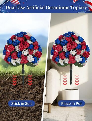 BLOSMON 4th of July Topiary Balls: Outdoor Set of 2 Red White Blue 29" H X 19.7" W Artificial Geraniums for 250 Anniversary Porch Decoration - Patriotic Fake Flowers Bush for Patio Planter in Saudi Arabia