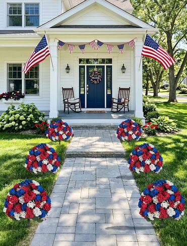 BLOSMON 4th of July Topiary Balls: Outdoor Set of 2 Red White Blue 29" H X 19.7" W Artificial Geraniums for 250 Anniversary Porch Decoration - Patriotic Fake Flowers Bush for Patio Planter in Saudi Arabia