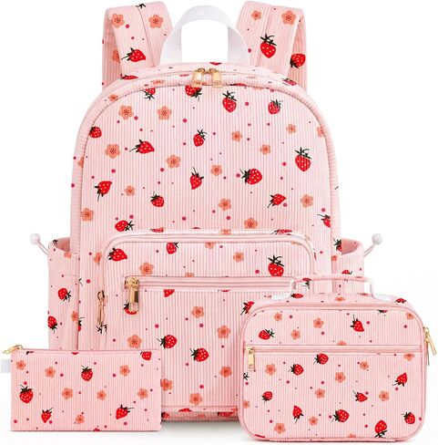 Corduroy Girls Backpack Set，Cute School Backpack for Teens Girls Kids Bookbags for Elementary High School Women Laptop Bags Daypacks Set With Lunch Bag and Pencil Case (Pink Bow, 3 Set) in Kuwait