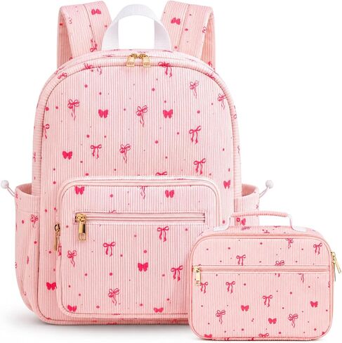 Corduroy Girls Backpack Set，Cute School Backpack for Teens Girls Kids Bookbags for Elementary High School Women Laptop Bags Daypacks Set With Lunch Bag and Pencil Case (Pink Bow, 3 Set) in Kuwait