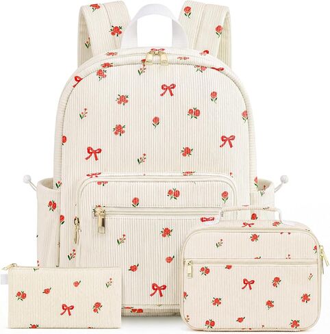 Corduroy Girls Backpack Set，Cute School Backpack for Teens Girls Kids Bookbags for Elementary High School Women Laptop Bags Daypacks Set With Lunch Bag and Pencil Case (Pink Bow, 3 Set) in Kuwait
