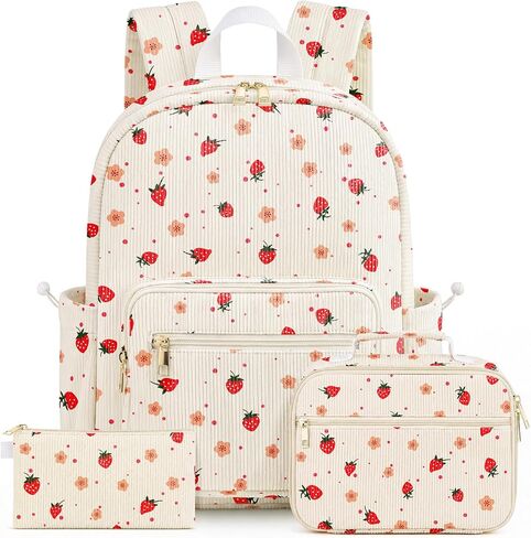 Corduroy Girls Backpack Set，Cute School Backpack for Teens Girls Kids Bookbags for Elementary High School Women Laptop Bags Daypacks Set With Lunch Bag and Pencil Case (Pink Bow, 3 Set) in Kuwait