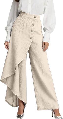 Flowy Pants for Women Button Up High Waisted Wide Leg Pants Trendy Side Split Slit Straight Leg Trouser for Streetwear Beach in Kuwait