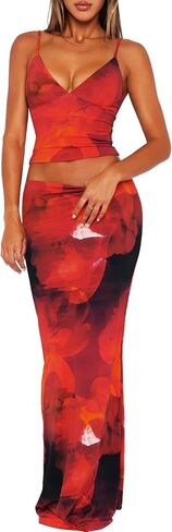 TZLDN Maxi Skirt Set Summer Women 2 Piece Outfits Floral Printed Sexy Bodycon Long Dress Y2k Going Out Vacation Outfits in Saudi Arabia