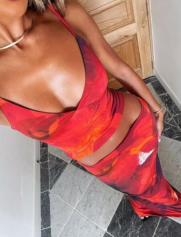 TZLDN Maxi Skirt Set Summer Women 2 Piece Outfits Floral Printed Sexy Bodycon Long Dress Y2k Going Out Vacation Outfits in Saudi Arabia