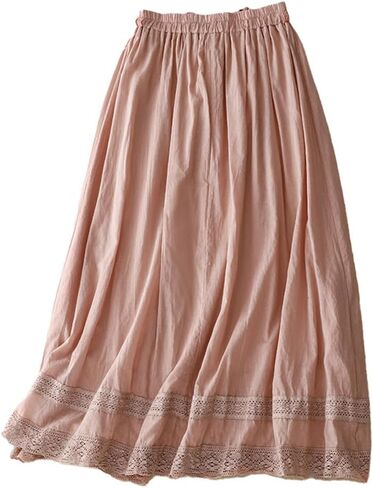 Women's Cotton Linen Skirts High Elastic Waist A-line Vintage Embroidery Midi Skirt in Saudi Arabia