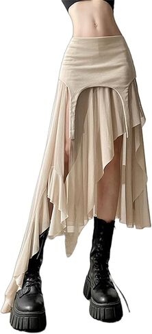 win2win Punk Sheer Mesh Skirt for Women - High Low Low Rise Gothic Hippie Witch, Ballroom, Cheer in Saudi Arabia