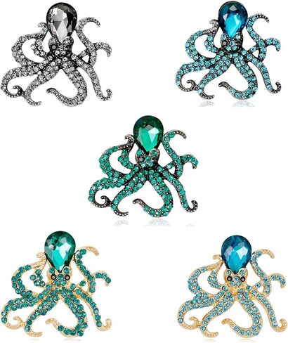 5-Piece Rhinestone Octopus Brooch Set | Chakra Healing Ocean Brooches | Witchy Boho Spiritual Jewelry | Gift for Crystal Lovers in Kuwait