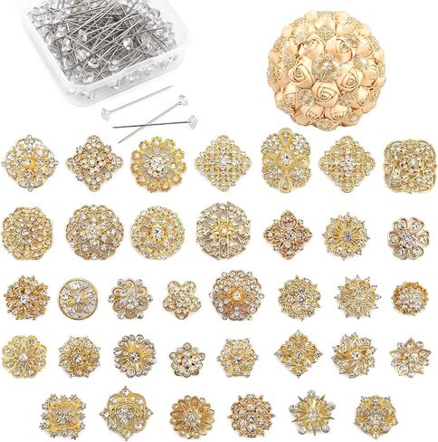 Gold Bouquet Pins Set, 36 PCS Rhinestone Flower Brooches & 100 PCS Crystal Stick Pins for Wedding Bouquet, Corsage, Boutonniere, DIY Craft Embellishments, Wedding Decor Supplies in Kuwait