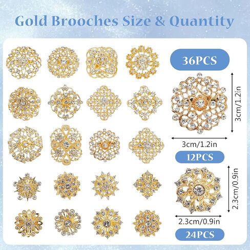 Gold Bouquet Pins Set, 36 PCS Rhinestone Flower Brooches & 100 PCS Crystal Stick Pins for Wedding Bouquet, Corsage, Boutonniere, DIY Craft Embellishments, Wedding Decor Supplies in Kuwait