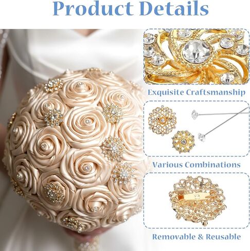 Gold Bouquet Pins Set, 36 PCS Rhinestone Flower Brooches & 100 PCS Crystal Stick Pins for Wedding Bouquet, Corsage, Boutonniere, DIY Craft Embellishments, Wedding Decor Supplies in Kuwait