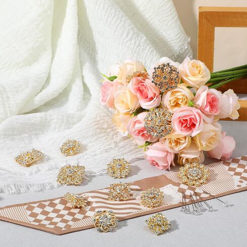 Gold Bouquet Pins Set, 36 PCS Rhinestone Flower Brooches & 100 PCS Crystal Stick Pins for Wedding Bouquet, Corsage, Boutonniere, DIY Craft Embellishments, Wedding Decor Supplies in Kuwait