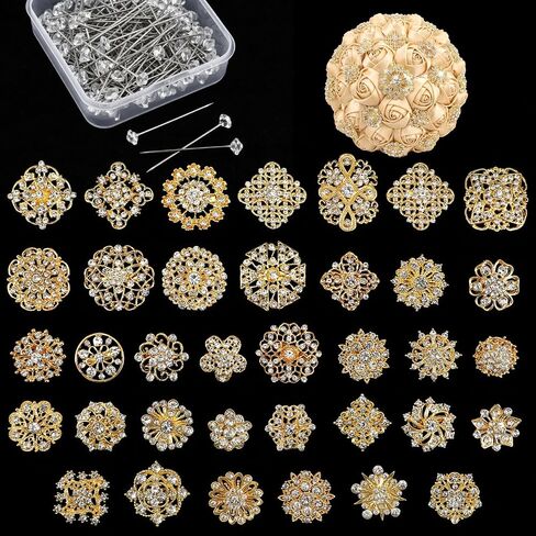 Gold Bouquet Pins Set, 36 PCS Rhinestone Flower Brooches & 100 PCS Crystal Stick Pins for Wedding Bouquet, Corsage, Boutonniere, DIY Craft Embellishments, Wedding Decor Supplies in Kuwait