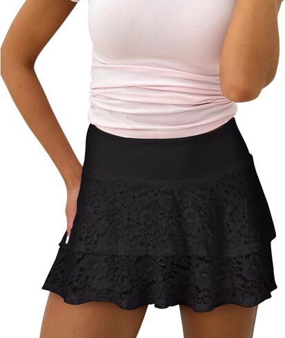 Womens Mini Skirt with Shorts Sexy Y2K Ruffle Lace Trim Layered Flowy Short Skirts Skorts Streetwear in Kuwait
