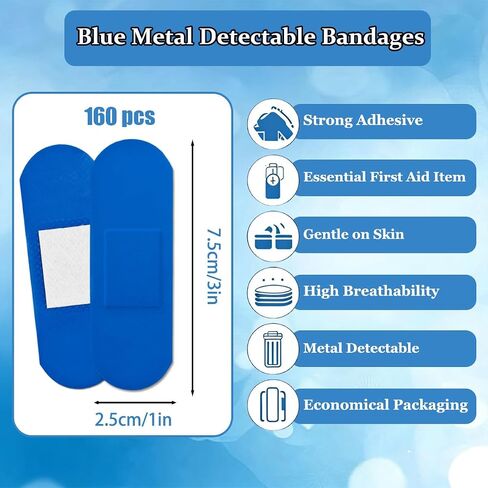 160 Pcs Food Service Blue Metal Detectable Bandage 3" X 1" Waterproof Adhesive Woven Fingertip Flexible Bandages with Non-Stick Pad Latex for First Aid Wound Care and Protection in Saudi Arabia