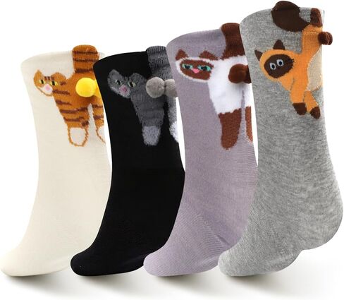 4 Pairs Cute Cat Socks with Balls, Women's 3D Novelty Funny Cotton Animal Cat Cotton Crew Socks for Women Girls Cats Lovers Gift in Saudi Arabia