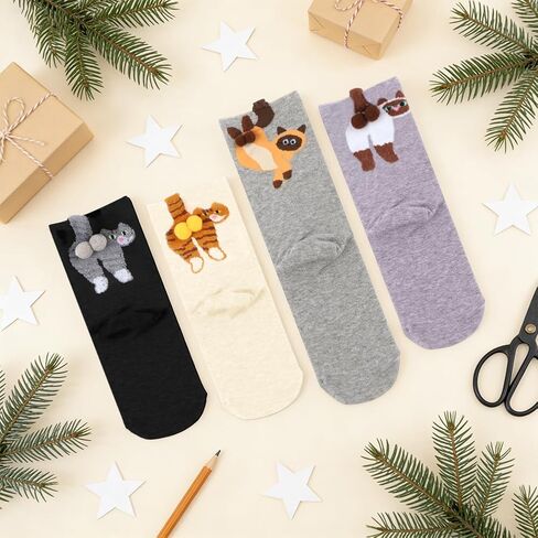 4 Pairs Cute Cat Socks with Balls, Women's 3D Novelty Funny Cotton Animal Cat Cotton Crew Socks for Women Girls Cats Lovers Gift in Saudi Arabia