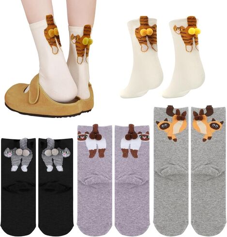 4 Pairs Cute Cat Socks with Balls, Women's 3D Novelty Funny Cotton Animal Cat Cotton Crew Socks for Women Girls Cats Lovers Gift in Saudi Arabia