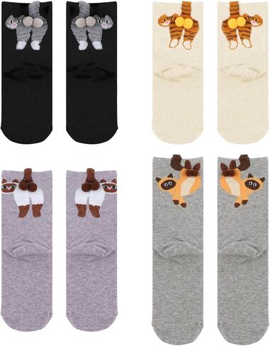 4 Pairs Cute Cat Socks with Balls, Women's 3D Novelty Funny Cotton Animal Cat Cotton Crew Socks for Women Girls Cats Lovers Gift in Saudi Arabia