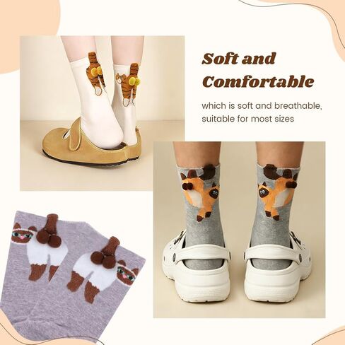 4 Pairs Cute Cat Socks with Balls, Women's 3D Novelty Funny Cotton Animal Cat Cotton Crew Socks for Women Girls Cats Lovers Gift in Saudi Arabia
